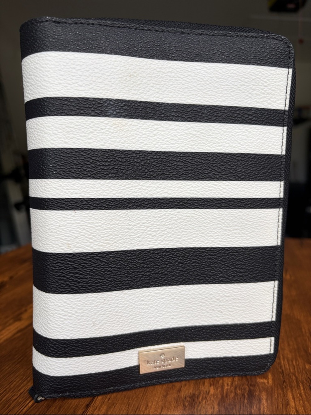 kate spade Black and White Striped Zip Wallet with Gold Plaque